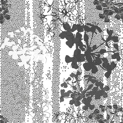 Vector image monochrome contours and silhouettes of flowers on a mosaic field
