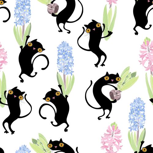 Vector image cute cartoon-style black cats with hyacinths on white