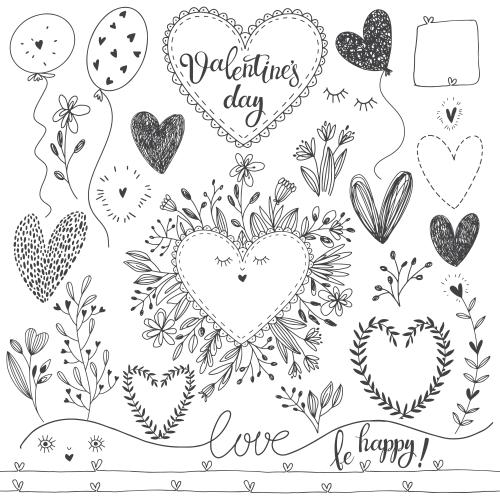Symbol. Vector hearts, flowers, romantic symbols on white