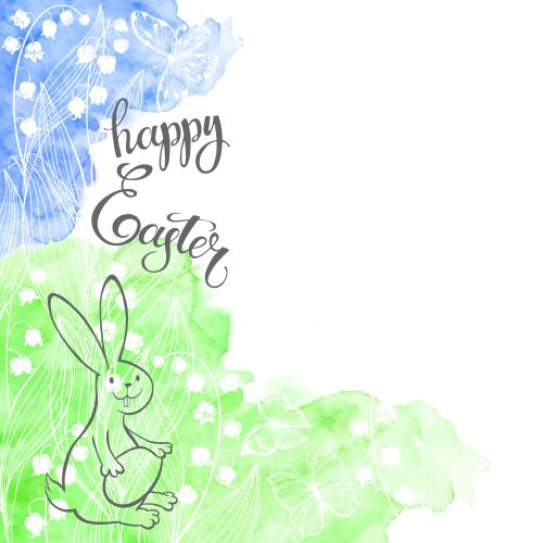 Rabbit. Vector cute rabbit with easter egg, lilies, butterflies, watercolor fragments, message happy easter, space for text on white