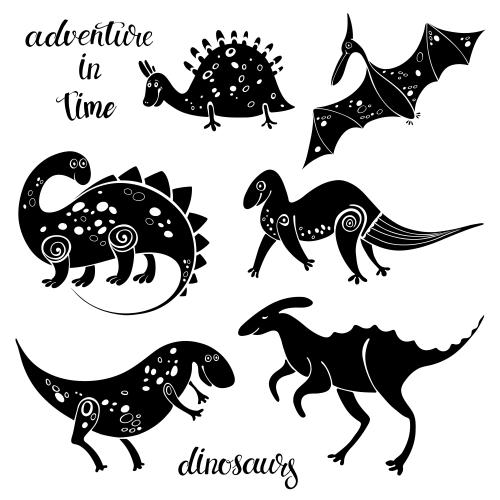 Dinosaur. Vector cartoonish dinosaurs, black silhouettes on white
