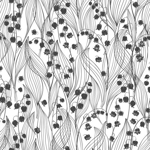 Lily-of-the-valley. Vector Pattern lilies black silhouettes of flowers contour leaves on white