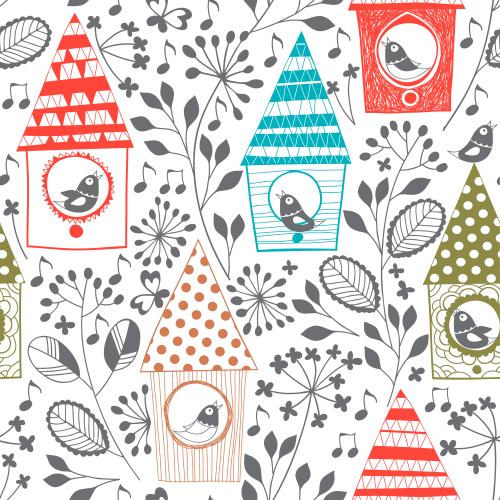 Spring. Vector cartoon birdhouses with singing birds, notes, plant elements on white