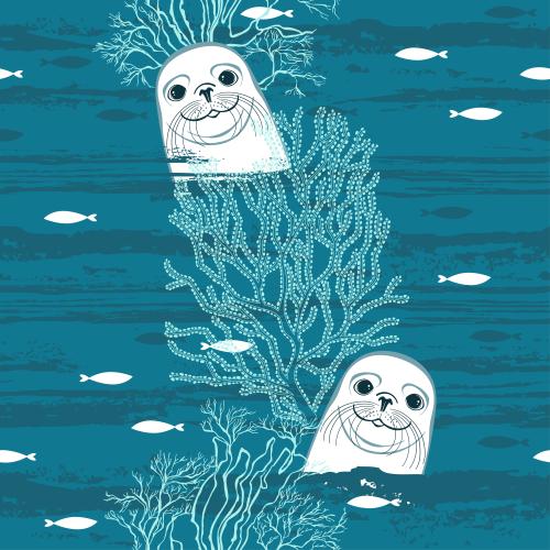Seal. Vector cute seals, fish, underwater plants, waves on blue