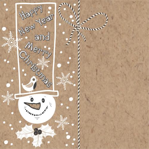 Snowman. Vector cute snowman in a top hat, bird, hellebore, snowflakes, holiday ribbon with a bow and space for text on craft paper