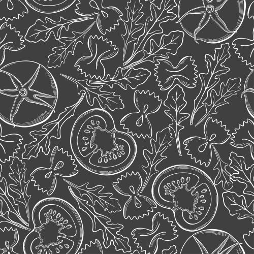 Vector image macaroni farfalle, tomatoes, arugula, white contours on black