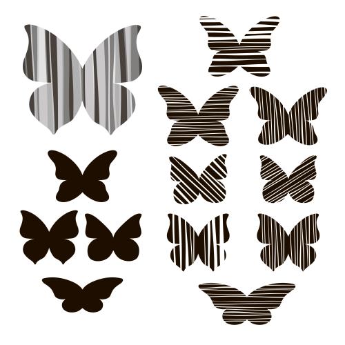 Vector image abstract butterflies, silhouettes and in stripes, isolated elements on white