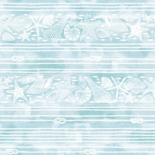 Vector image sea stars, shells, nautilus, fish, ropes, ropes with sea knots on blue watercolor