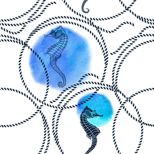 Rope. Vector marine rope rings sea horses round watercolor fragments on white