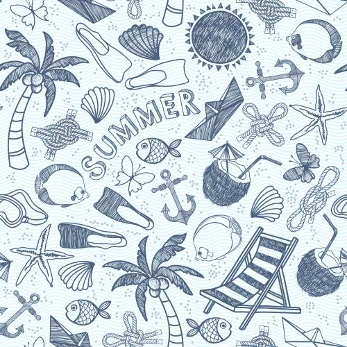 Shell. Vector summer sea symbols in doodle style blue waves on white