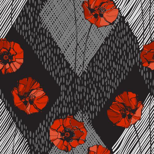 Rhombus. Vector red poppies monochrome decorative elements on black