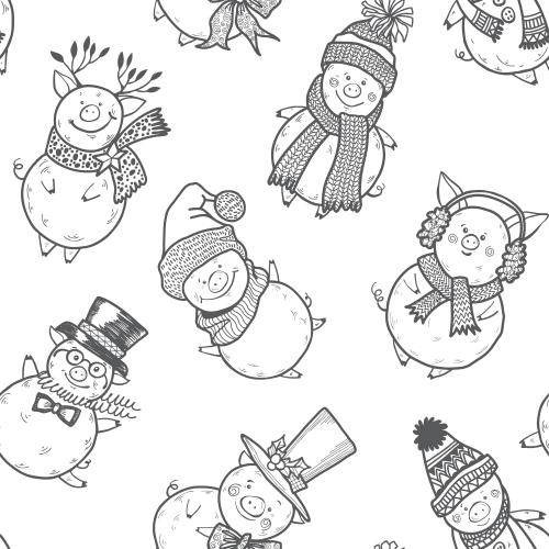 Pig. Vector cartoon piglets in hats and scarves on white