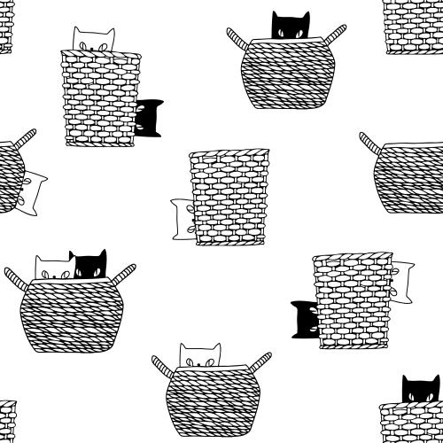 Cat. Vector Pattern cartoon cats in baskets on white