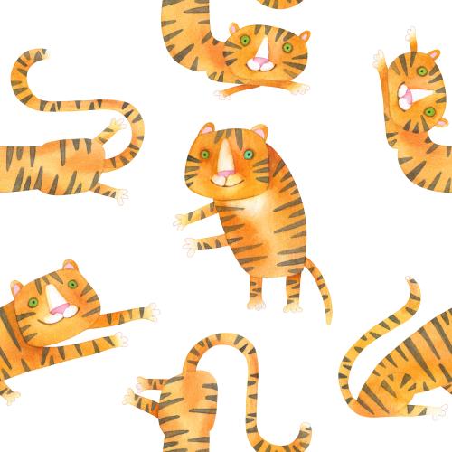 Raster image cartoonish watercolor tigers on white