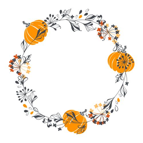 Pumpkin. Vector round frame with fantasy plants and pumpkins on white