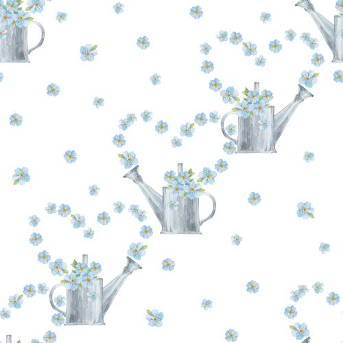 Raster image watercolor forget-me-nots in a watering can, flowers in the shape of a heart on white