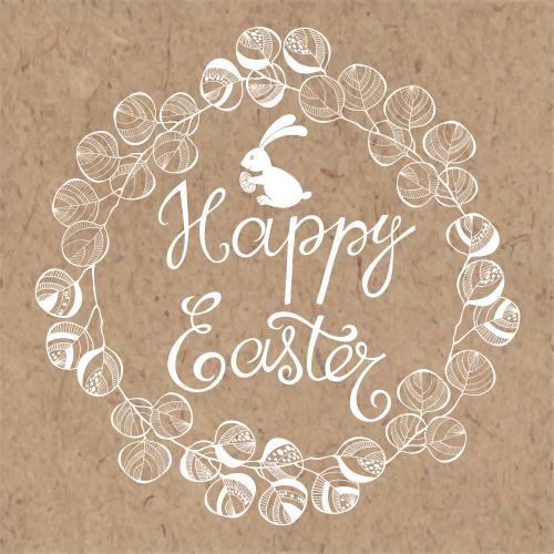 Eucalyptus. Vector round frame made of decorative eucalyptus branches rabbit with an easter egg and the happy easter inscription on craft paper