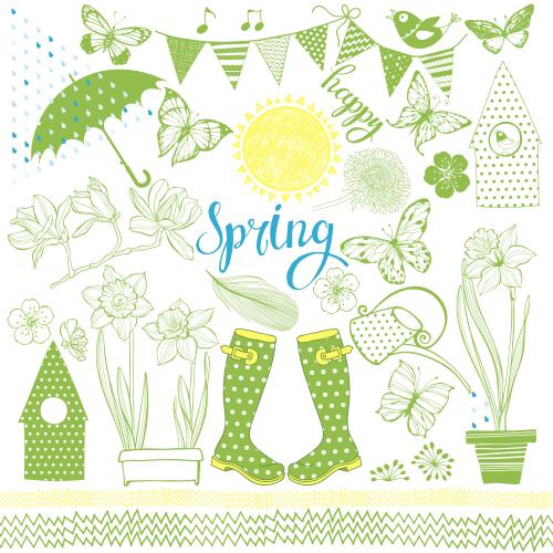 Grass. Vector spring-themed collection of colored elements inscription happy spring on white