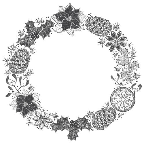 Floral. Vector round wreath of christmas plants cones and spices on white