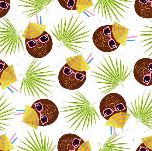 Cocktail. Vector cartoonish coconut cocktails with sunglasses and palm leaves on white with colored speckles