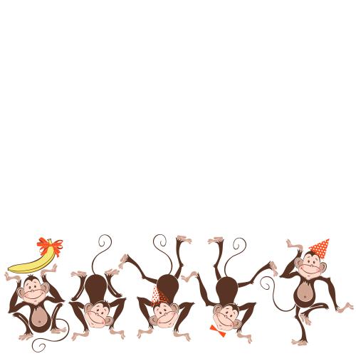 Banana. Vector five cheerful monkeys place for text on white