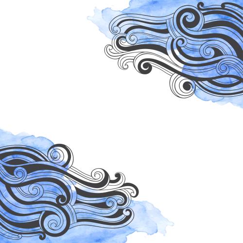 Vector image decorative waves on blue watercolor fragments space for text on white corner composition