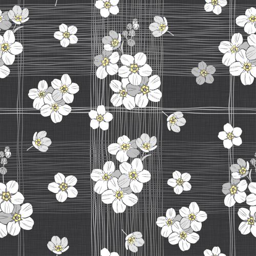 Checkered. Vector monochrome flowers on black checkered