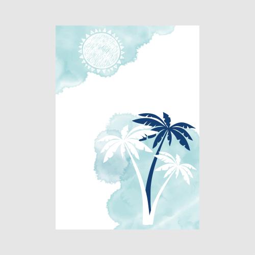 Illustration postcard on the theme of beach vacation palm trees sun on blue watercolor fragments space for text on white