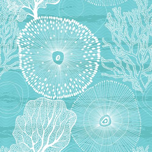 Underwater plant. Vector Pattern abstract marine creatures waves corals on turquoise