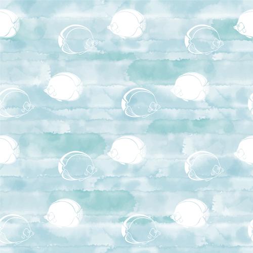 Illustration tropical fish white contours and silhouettes on a blue watercolor