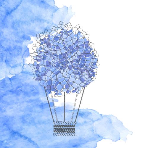 Hydrangea. Vector flower air balloon, hydrangea, blue watercolor fragment, space for text on white