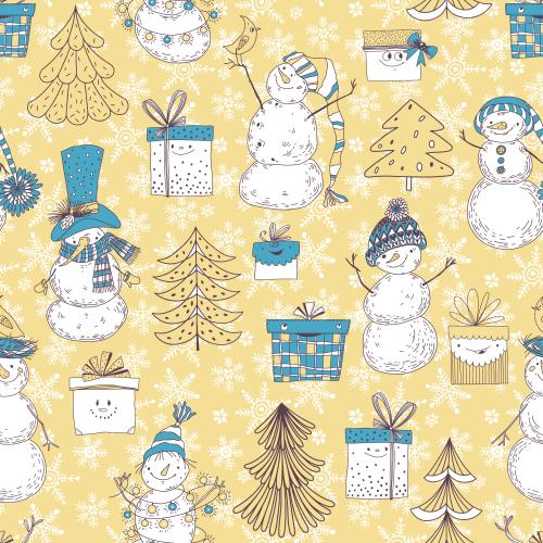 Snowman. Vector cartoon snowmen cute gift boxes treelets and snowflakes on gold