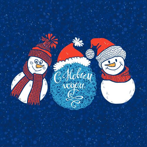 Snowman. Vector two cute snowmen, happy new year message on blue checkered