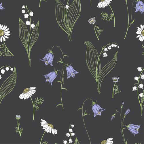 Lily-of-the-valley. Vector bells lilies daisies on dark gray