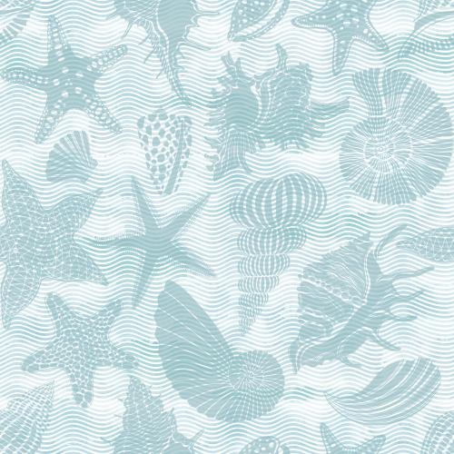 Vector image sea stars and shells, blue silhouettes, waves on blue watercolor