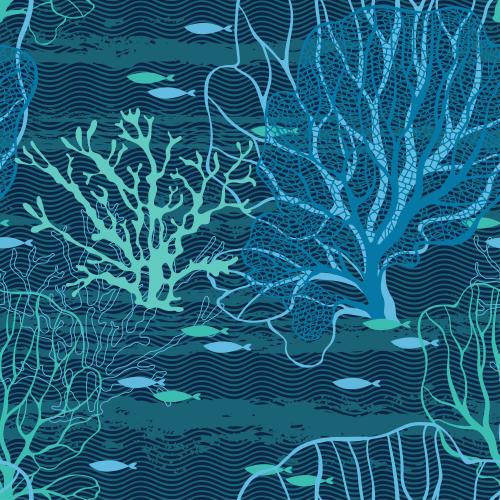 Female. Vector coral, seaweed, fish, waves on the blue