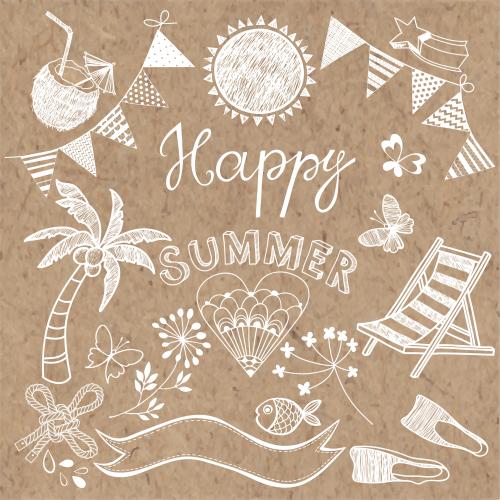 Deckchair. Vector beach leisure symbols and elements, happy summer inscription on craft