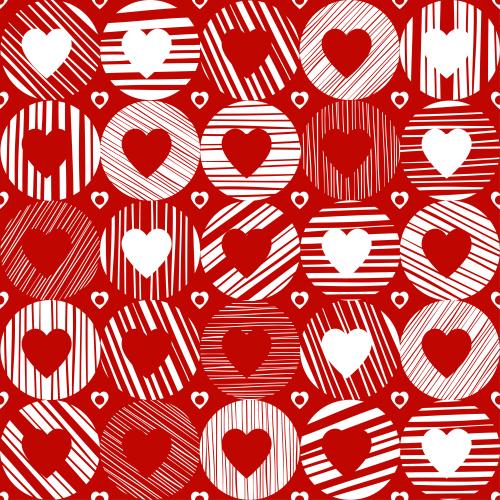 Romance. Vector white and red hearts in striped circles on red