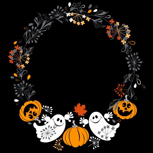 Frame. Vector cute ghosts, fun pumpkins, leaves on black, round frame