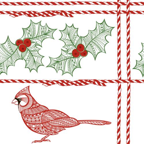 New year. Vector stylized bird red cardinal, sharp-leaf, festive red-and-white ribbons on white