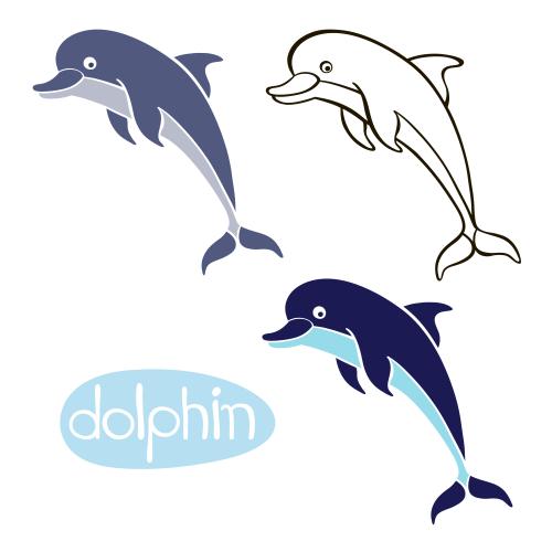 Dolphin. Vector dolphins colorful silhouettes and contour drawing on white