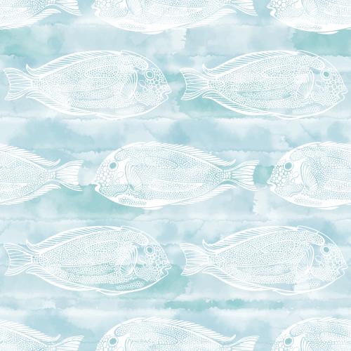 Vector image decorative silhouettes of exotic fish on blue watercolor