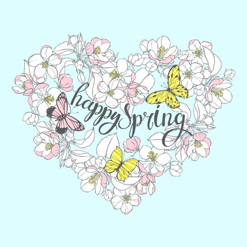 Illustration heart from apple blossoms butterflies and a message happy spring on blue
