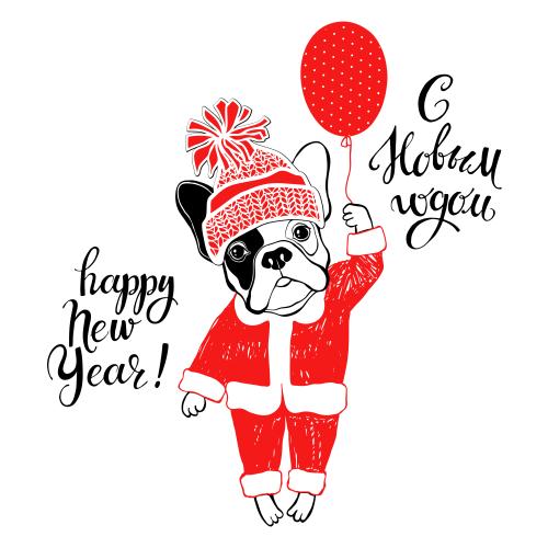 Balloon. Vector cartoon french bulldog in santa claus costume and with a balloon, new year wishes in russian and english on white