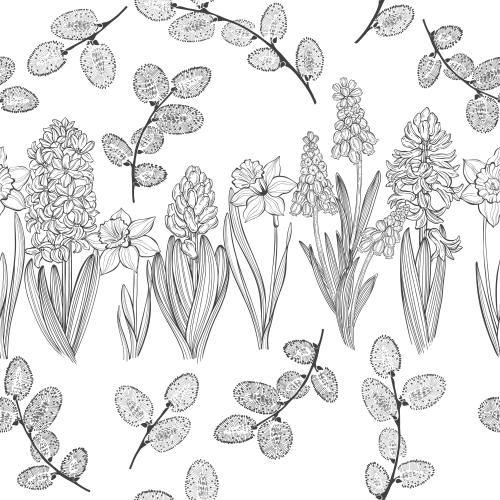 Spring. Vector spring flowers: muscari, hyacinths, daffodils and willow branches on white