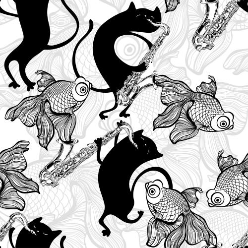 Vector image cartoon cats with saxophones fish on white