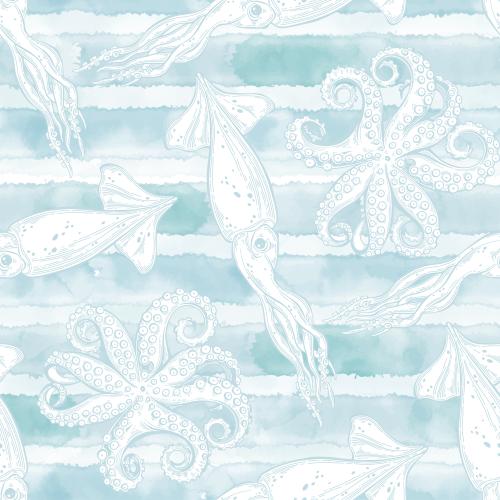 Octopus. Vector squid and octopuses on the blue watercolor striped