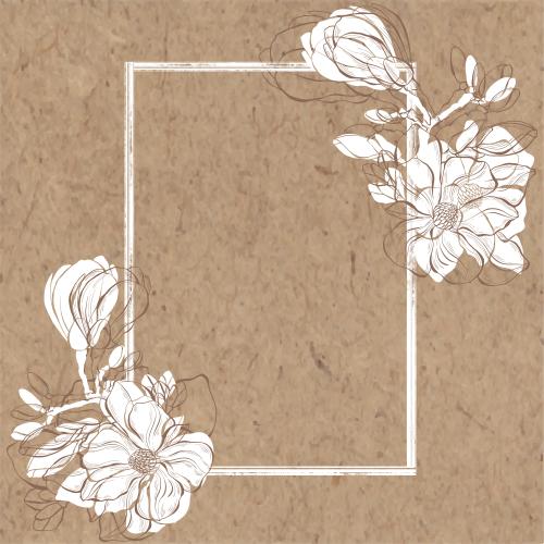 Bud. Vector magnolia rectangular frame with white silhouettes and brown contours of flowers on craft
