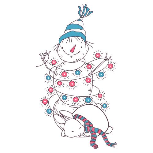 Vector image cute cartoon snowman with a garland and sleeping bunny with a scarf on white