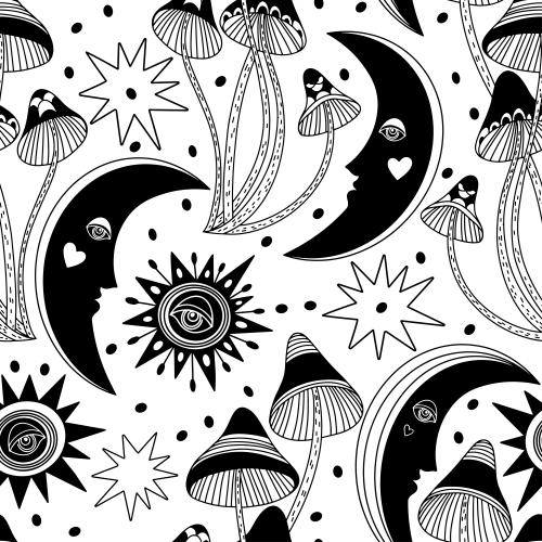 Mushroom. Vector decorative moon stars and mushrooms on white